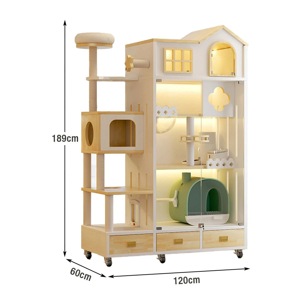 PAWORA Luxury Indoor Wooden Cat House – Eco-Friendly Board, Multi-Level Climbing & Ventilated Design, Spacious Pet Villa for Multiple Cats - Natural Wood