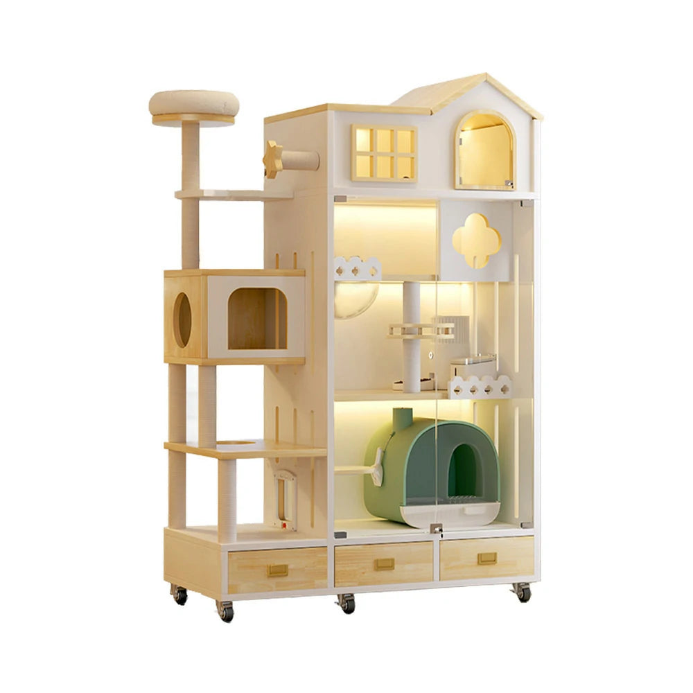 PAWORA Luxury Indoor Wooden Cat House – Eco-Friendly Board, Multi-Level Climbing & Ventilated Design, Spacious Pet Villa for Multiple Cats - Natural Wood