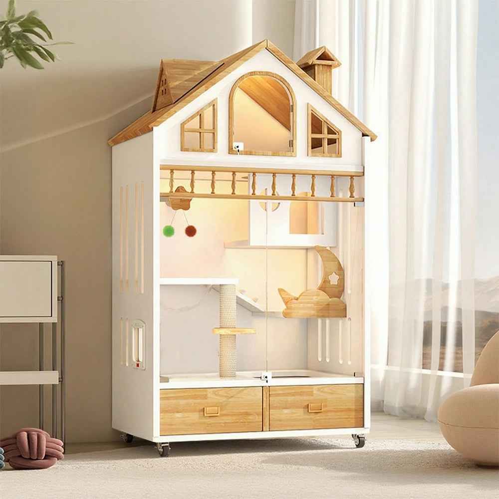 PAWORA Indoor Wooden Cat Villa 90cm - Eco-Friendly Board, Warm Lighting, Ventilated Design, Spacious Pet House for 2–3 Adult Cats - White