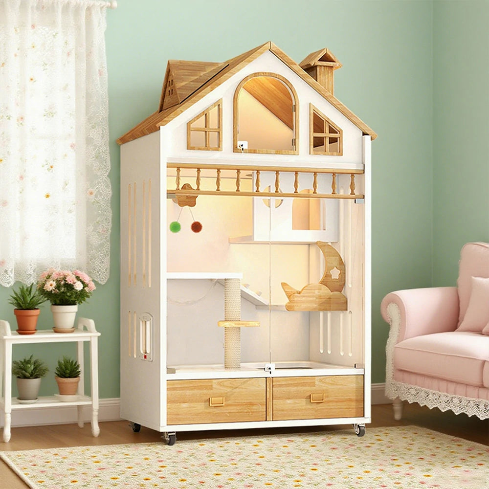 PAWORA Indoor Wooden Cat Villa 90cm - Eco-Friendly Board, Warm Lighting, Ventilated Design, Spacious Pet House for 2–3 Adult Cats - White