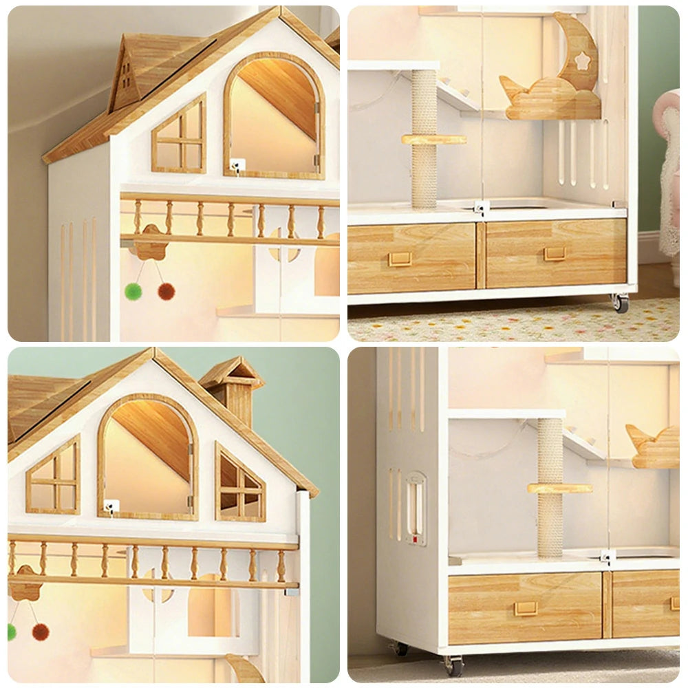 PAWORA Indoor Wooden Cat Villa 90cm - Eco-Friendly Board, Warm Lighting, Ventilated Design, Spacious Pet House for 2–3 Adult Cats - White