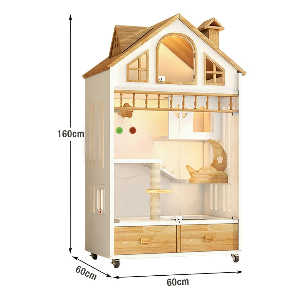 PAWORA Indoor Wooden Cat Villa 90cm - Eco-Friendly Board, Warm Lighting, Ventilated Design, Spacious Pet House for 2–3 Adult Cats - White