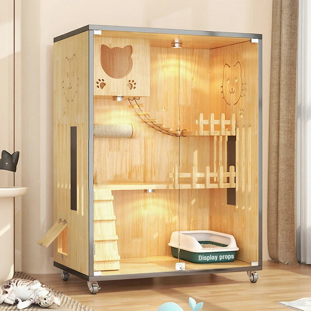 PAWORA Luxury Indoor Wooden Cat House – Eco-Friendly Board, Tempered Glass, Multi-Level Design with Ventilation, 125/185cm - Natural Wood