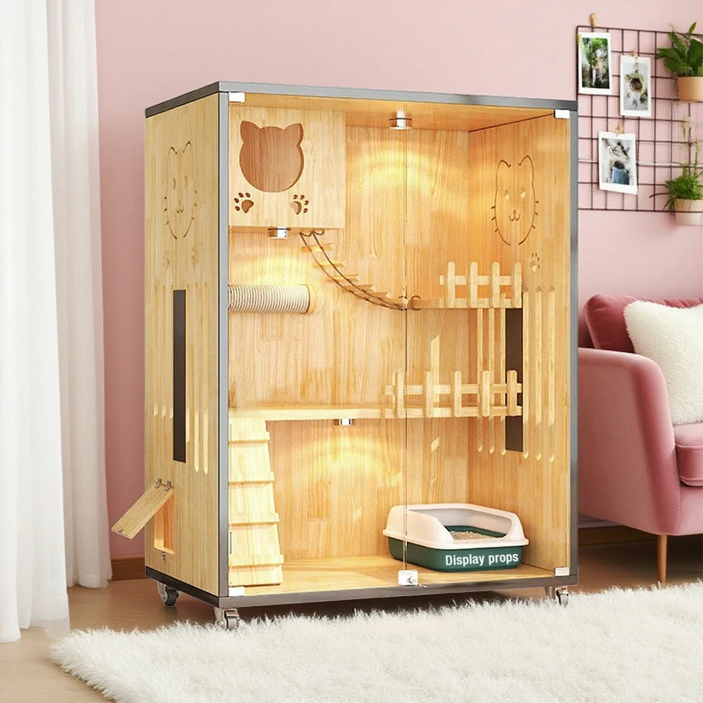 PAWORA Luxury Indoor Wooden Cat House – Eco-Friendly Board, Tempered Glass, Multi-Level Design with Ventilation, 125/185cm - Natural Wood