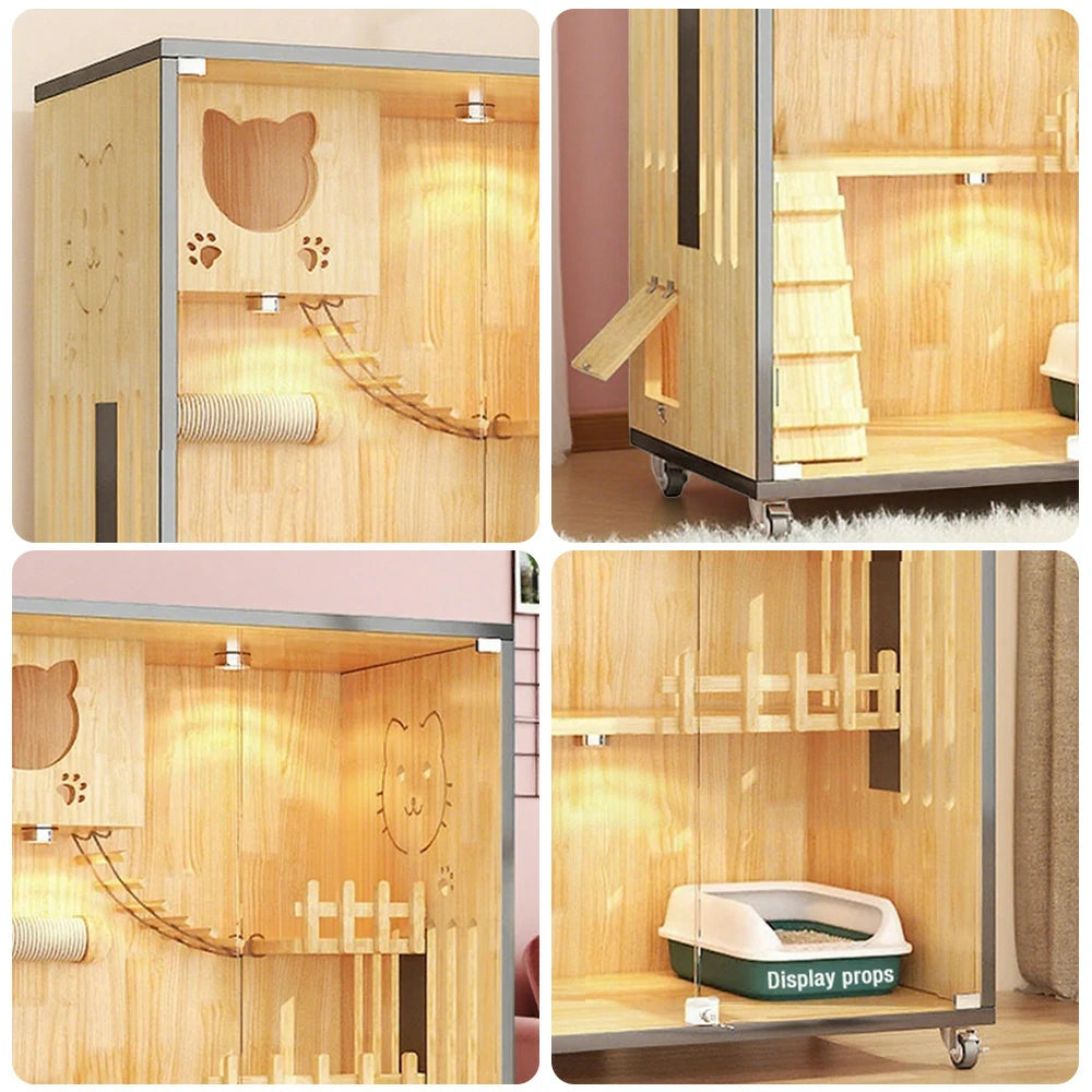 PAWORA Luxury Indoor Wooden Cat House – Eco-Friendly Board, Tempered Glass, Multi-Level Design with Ventilation, 125/185cm - Natural Wood