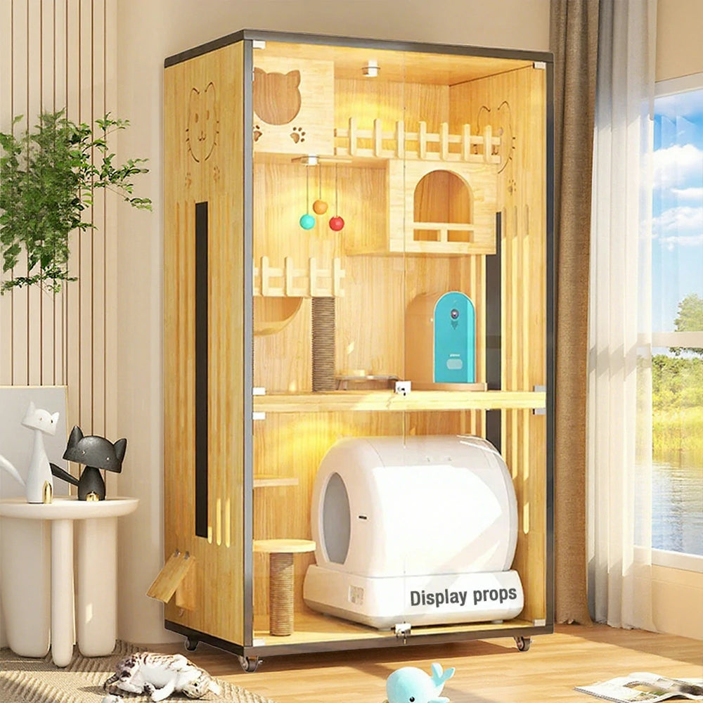 PAWORA Luxury Indoor Wooden Cat House – Eco-Friendly Board, Tempered Glass, Multi-Level Design with Ventilation, 125/185cm - Natural Wood