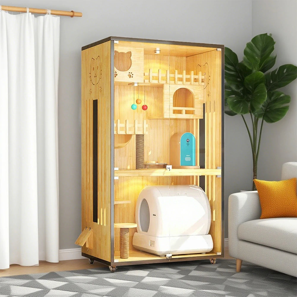 PAWORA Luxury Indoor Wooden Cat House – Eco-Friendly Board, Tempered Glass, Multi-Level Design with Ventilation, 125/185cm - Natural Wood