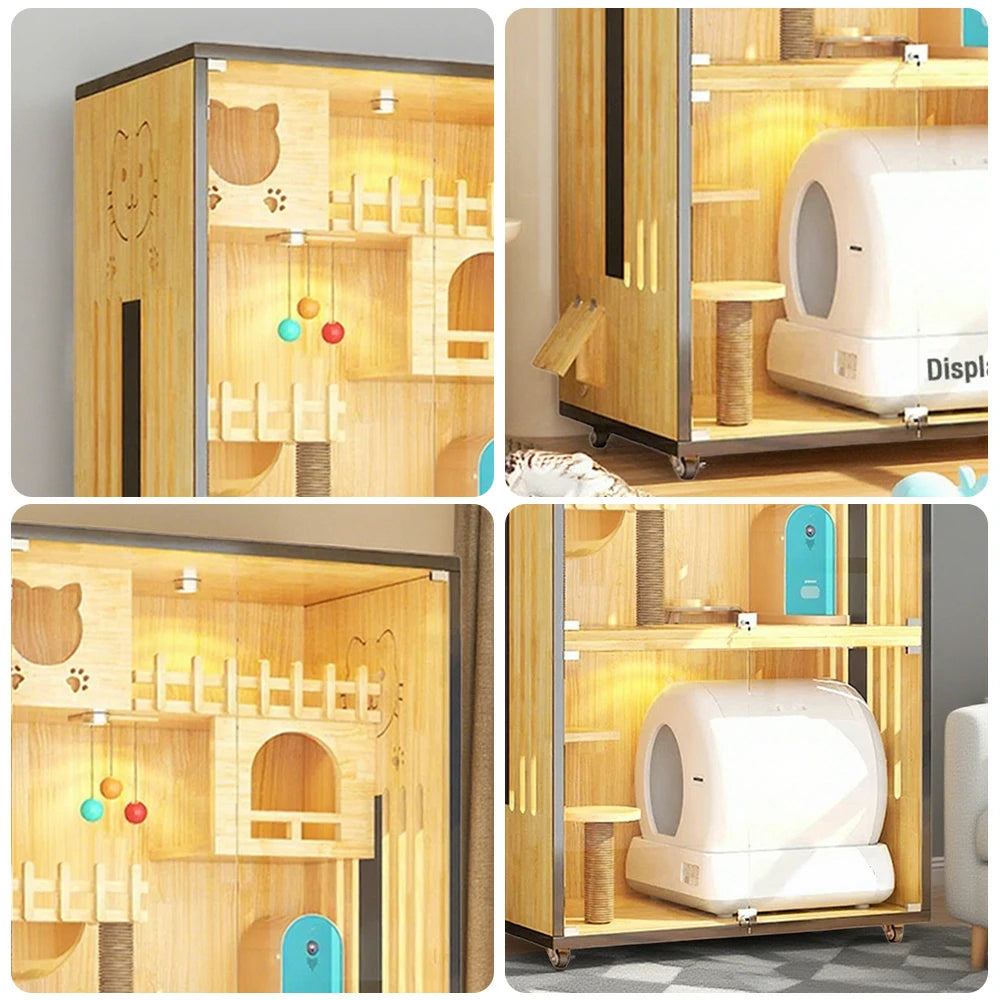 PAWORA Luxury Indoor Wooden Cat House – Eco-Friendly Board, Tempered Glass, Multi-Level Design with Ventilation, 125/185cm - Natural Wood