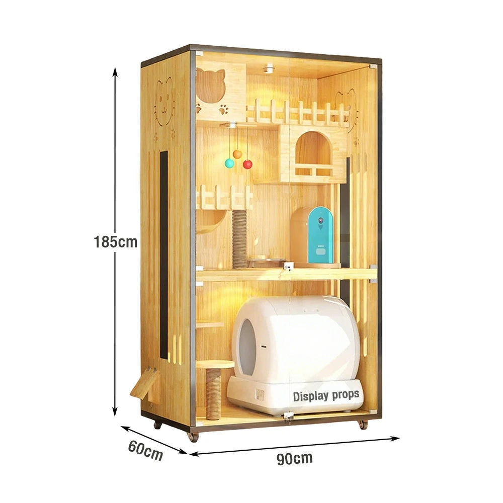 PAWORA Luxury Indoor Wooden Cat House – Eco-Friendly Board, Tempered Glass, Multi-Level Design with Ventilation, 125/185cm - Natural Wood
