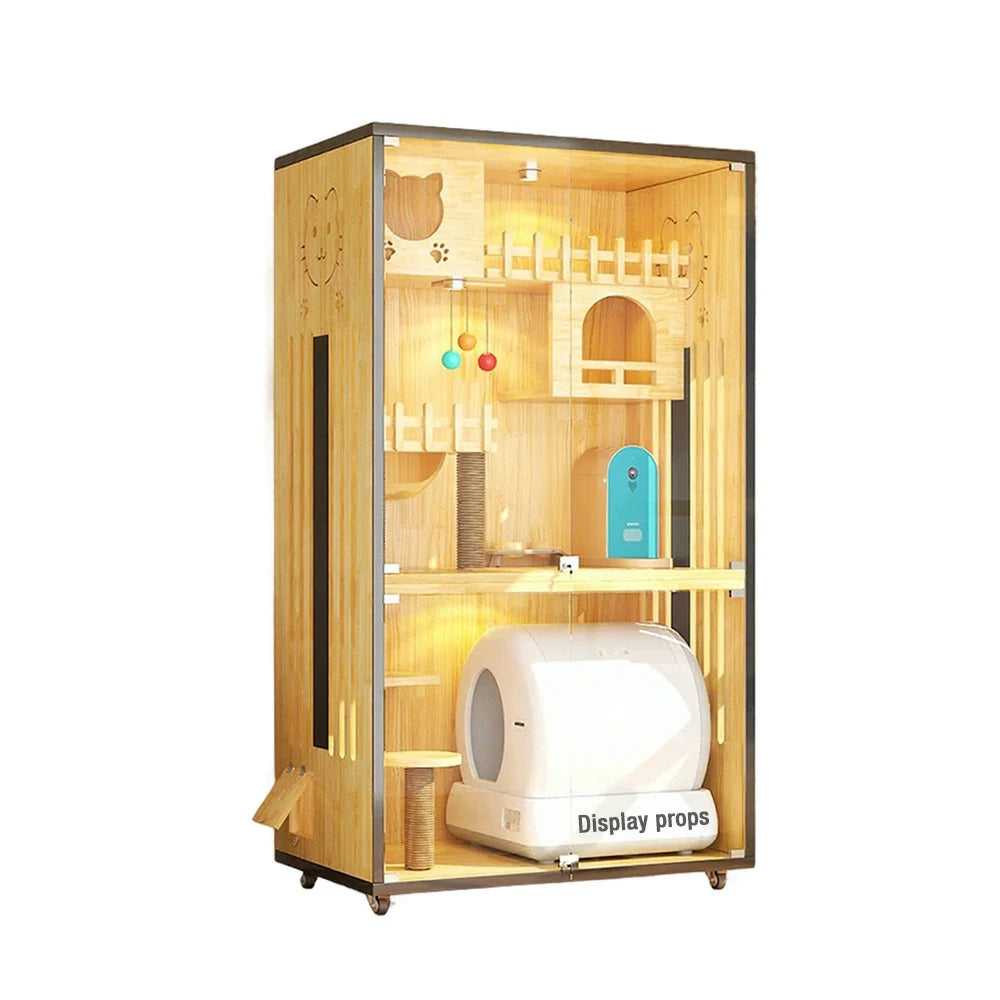 PAWORA Luxury Indoor Wooden Cat House – Eco-Friendly Board, Tempered Glass, Multi-Level Design with Ventilation, 125/185cm - Natural Wood