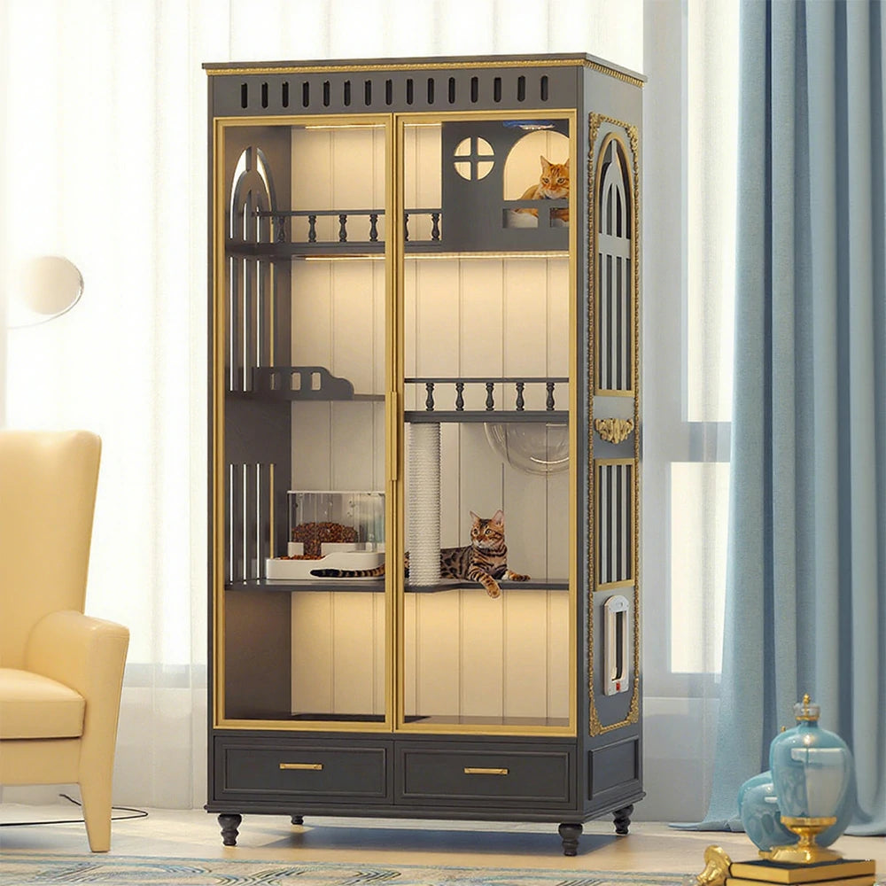 PAWORA European Style Indoor Cat House – Painted Modern Grey Finish, Eco-Friendly Board, Multi-Level Design with Storage Drawers - Grey