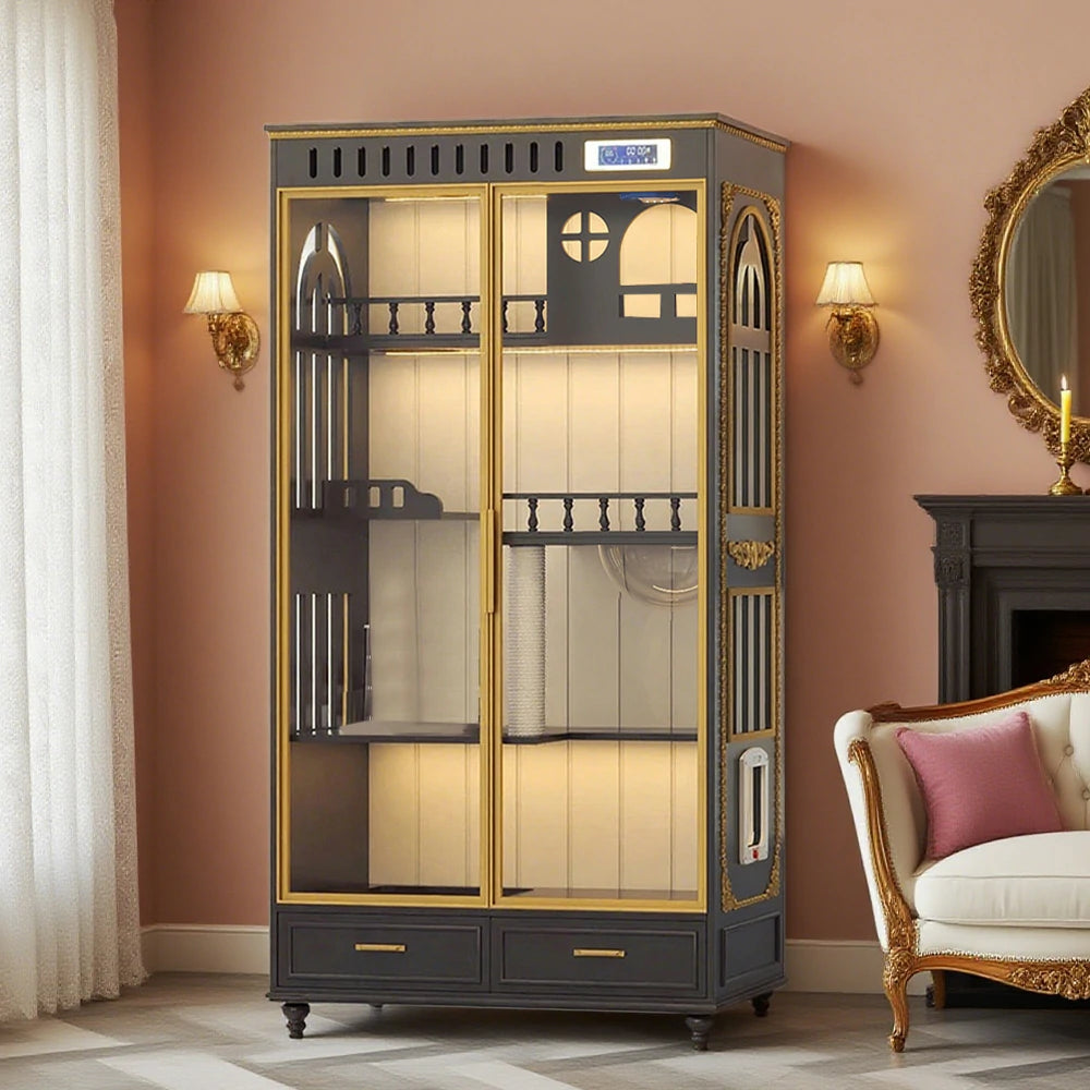 PAWORA European Style Indoor Cat House – Painted Modern Grey Finish, Eco-Friendly Board, Multi-Level Design with Storage Drawers - Grey