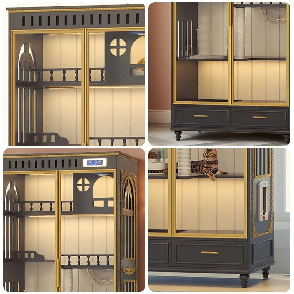 PAWORA European Style Indoor Cat House – Painted Modern Grey Finish, Eco-Friendly Board, Multi-Level Design with Storage Drawers - Grey