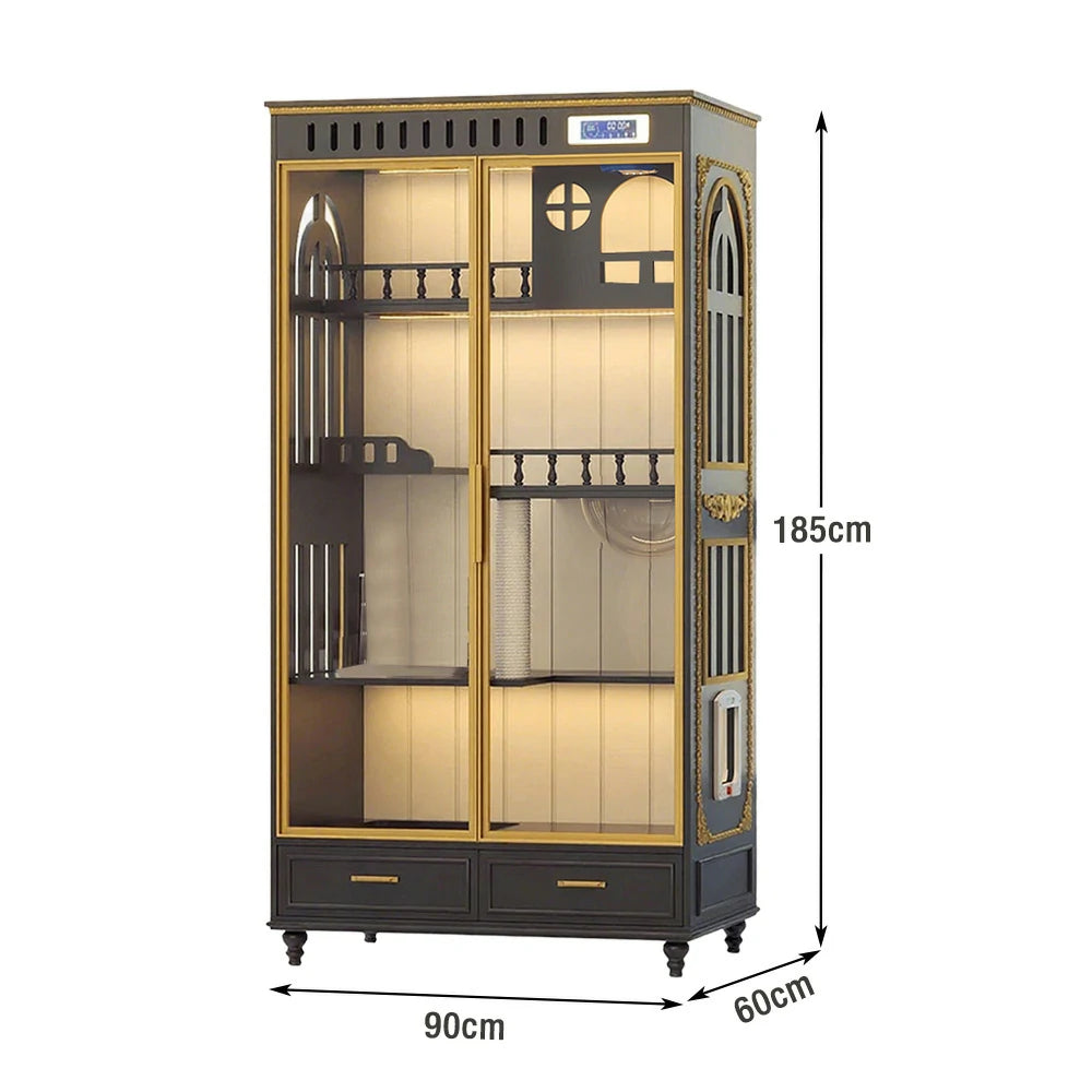 PAWORA European Style Indoor Cat House – Painted Modern Grey Finish, Eco-Friendly Board, Multi-Level Design with Storage Drawers - Grey