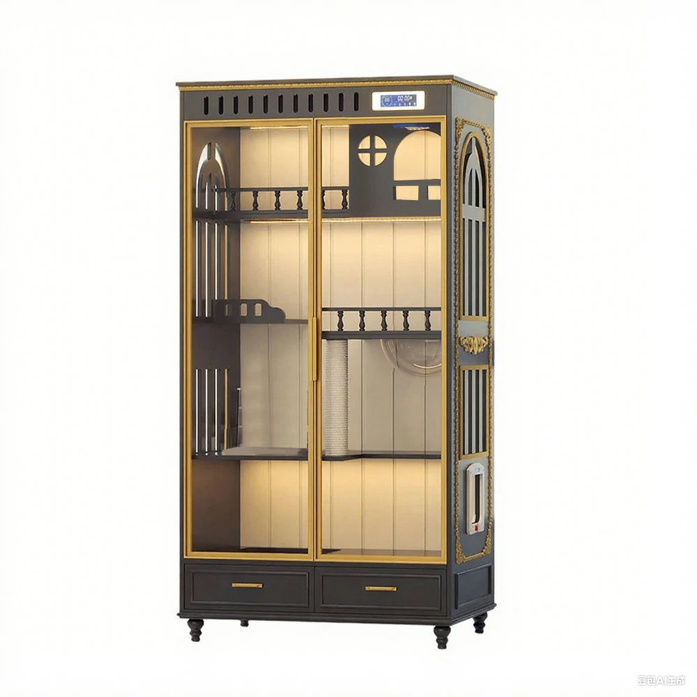 PAWORA European Style Indoor Cat House – Painted Modern Grey Finish, Eco-Friendly Board, Multi-Level Design with Storage Drawers - Grey