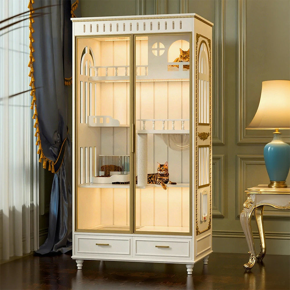 PAWORA European Style Indoor Cat House – Painted Modern Grey Finish, Eco-Friendly Board, Multi-Level Design with Storage Drawers - White