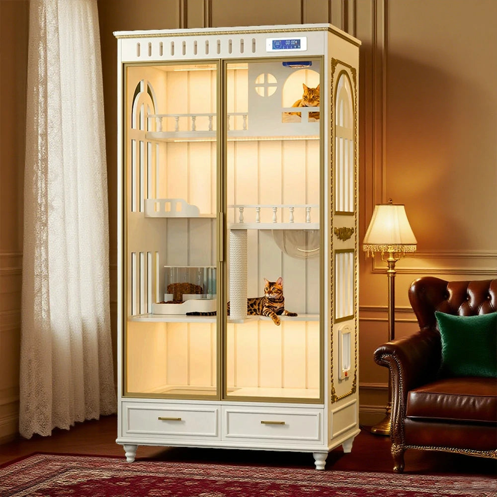 PAWORA European Style Indoor Cat House – Painted Modern Grey Finish, Eco-Friendly Board, Multi-Level Design with Storage Drawers - White