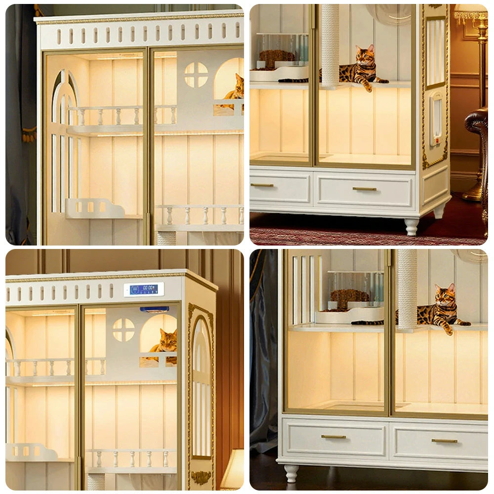 PAWORA European Style Indoor Cat House – Painted Modern Grey Finish, Eco-Friendly Board, Multi-Level Design with Storage Drawers - White