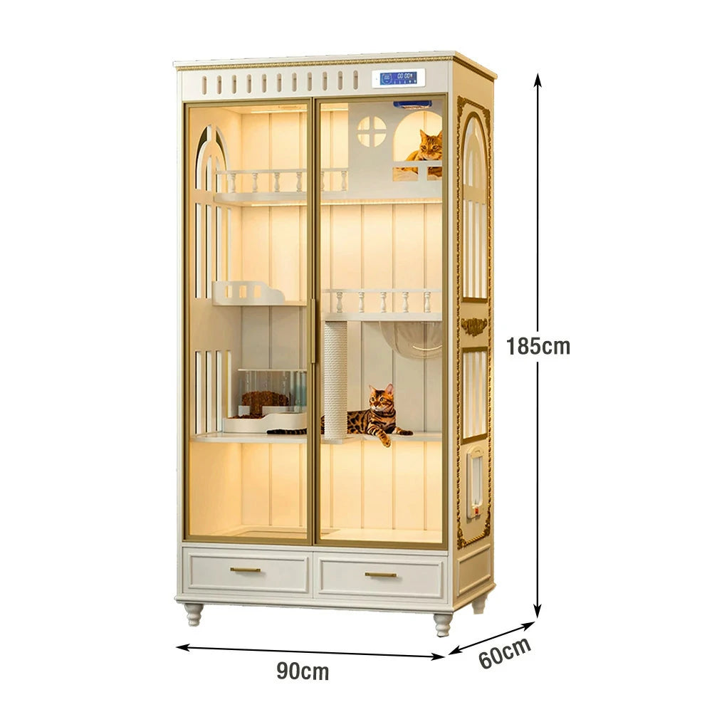 PAWORA European Style Indoor Cat House – Painted Modern Grey Finish, Eco-Friendly Board, Multi-Level Design with Storage Drawers - White