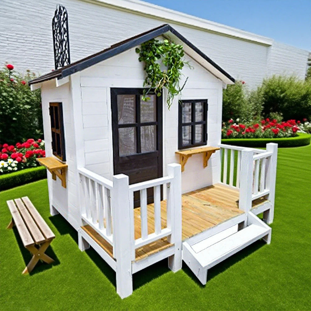 PAWORA Luxury Wooden Dog Villa Pet House for Medium & Large Dogs - Durable Pine Structure, Spacious Outdoor Design - White