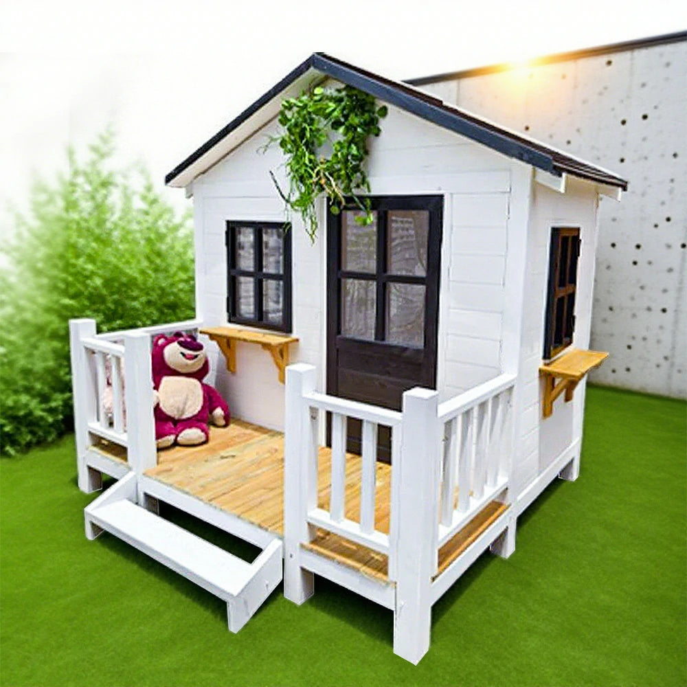 PAWORA Luxury Wooden Dog Villa Pet House for Medium & Large Dogs - Durable Pine Structure, Spacious Outdoor Design - White