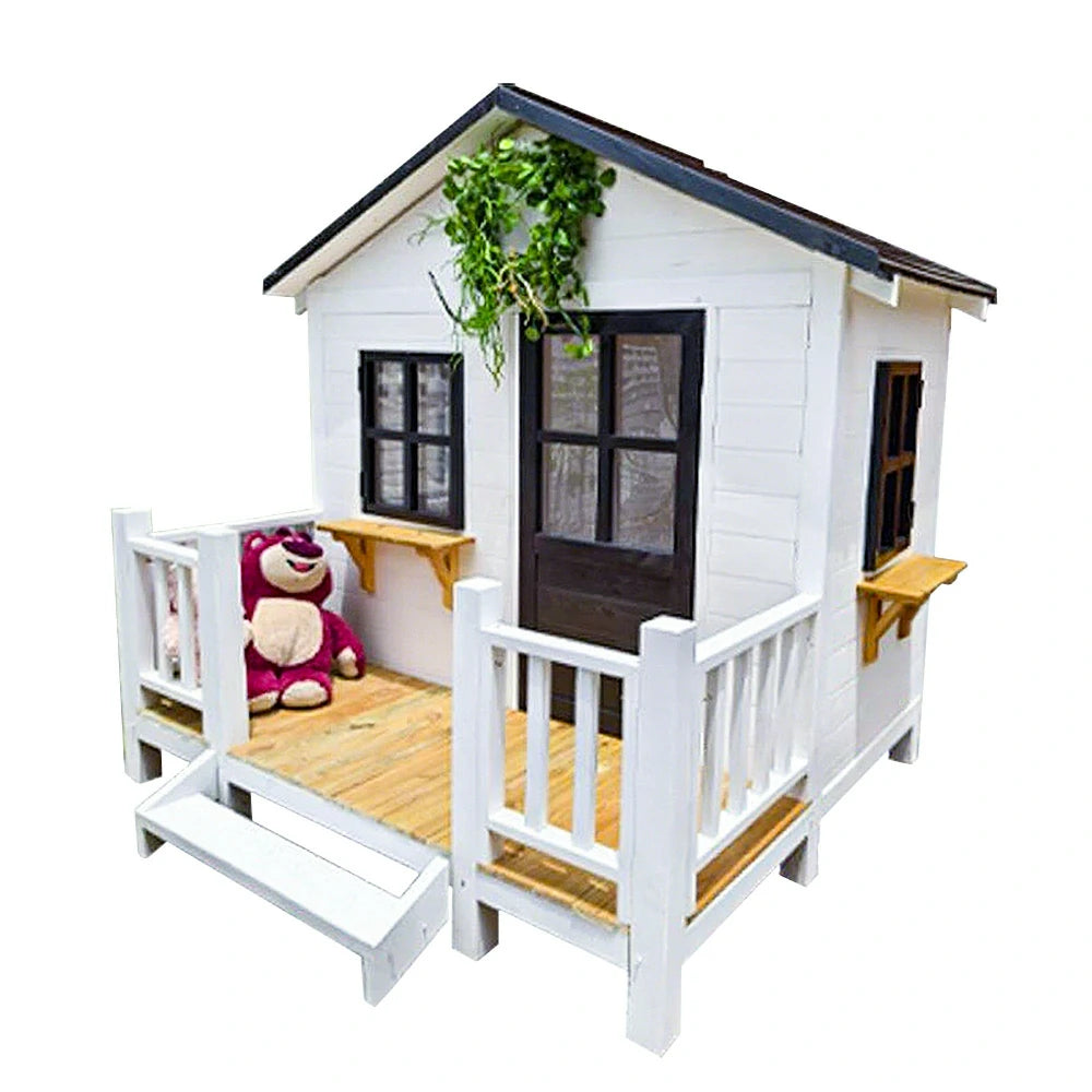 PAWORA Luxury Wooden Dog Villa Pet House for Medium & Large Dogs - Durable Pine Structure, Spacious Outdoor Design - White