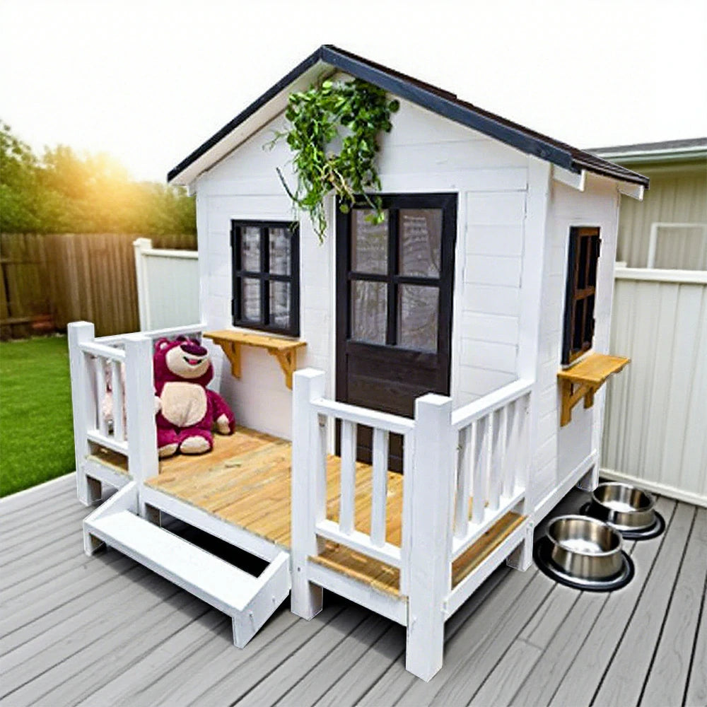 PAWORA Luxury Wooden Dog Villa Pet House for Medium & Large Dogs - Durable Pine Structure, Spacious Outdoor Design - White