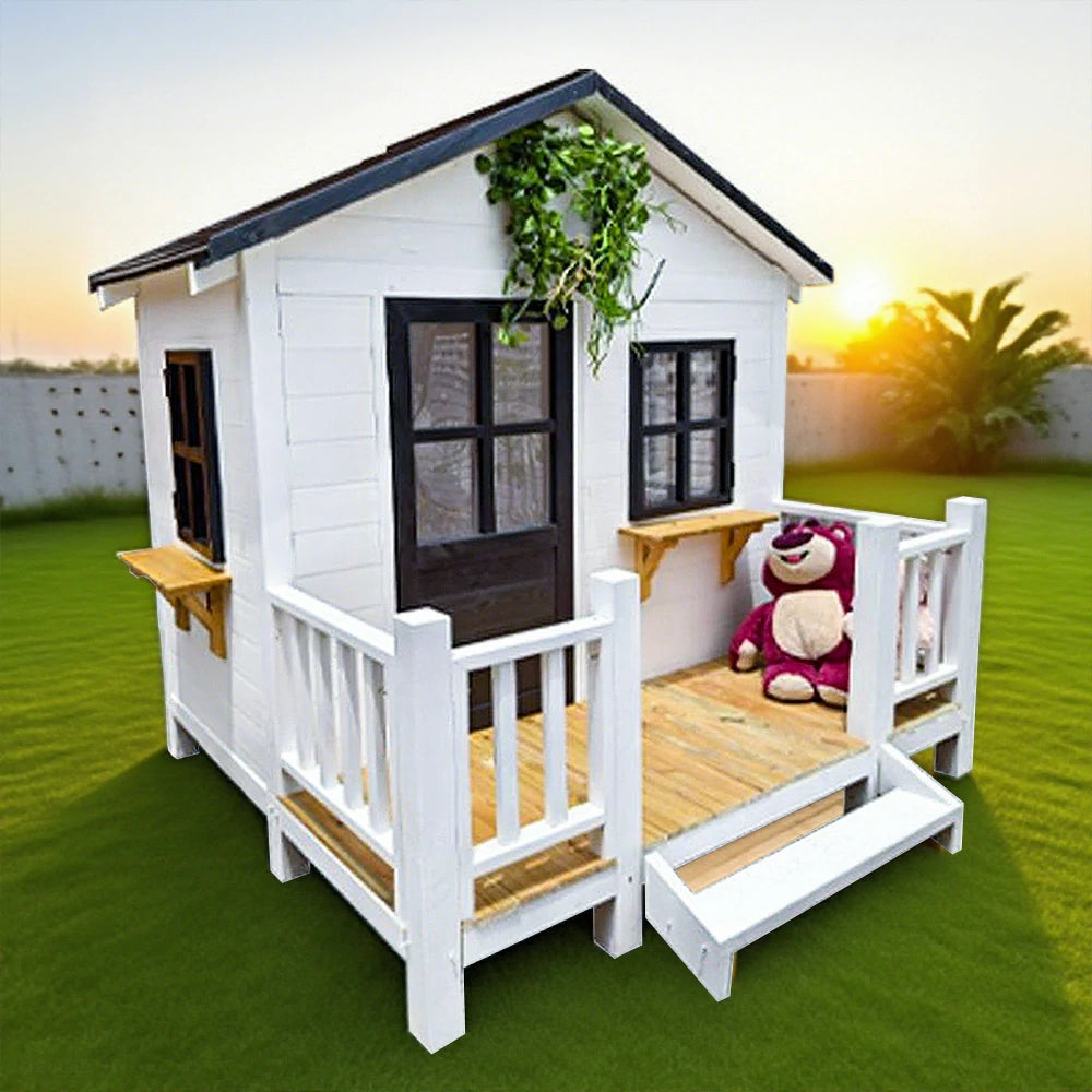 PAWORA Luxury Wooden Dog Villa Pet House for Medium & Large Dogs - Durable Pine Structure, Spacious Outdoor Design - White