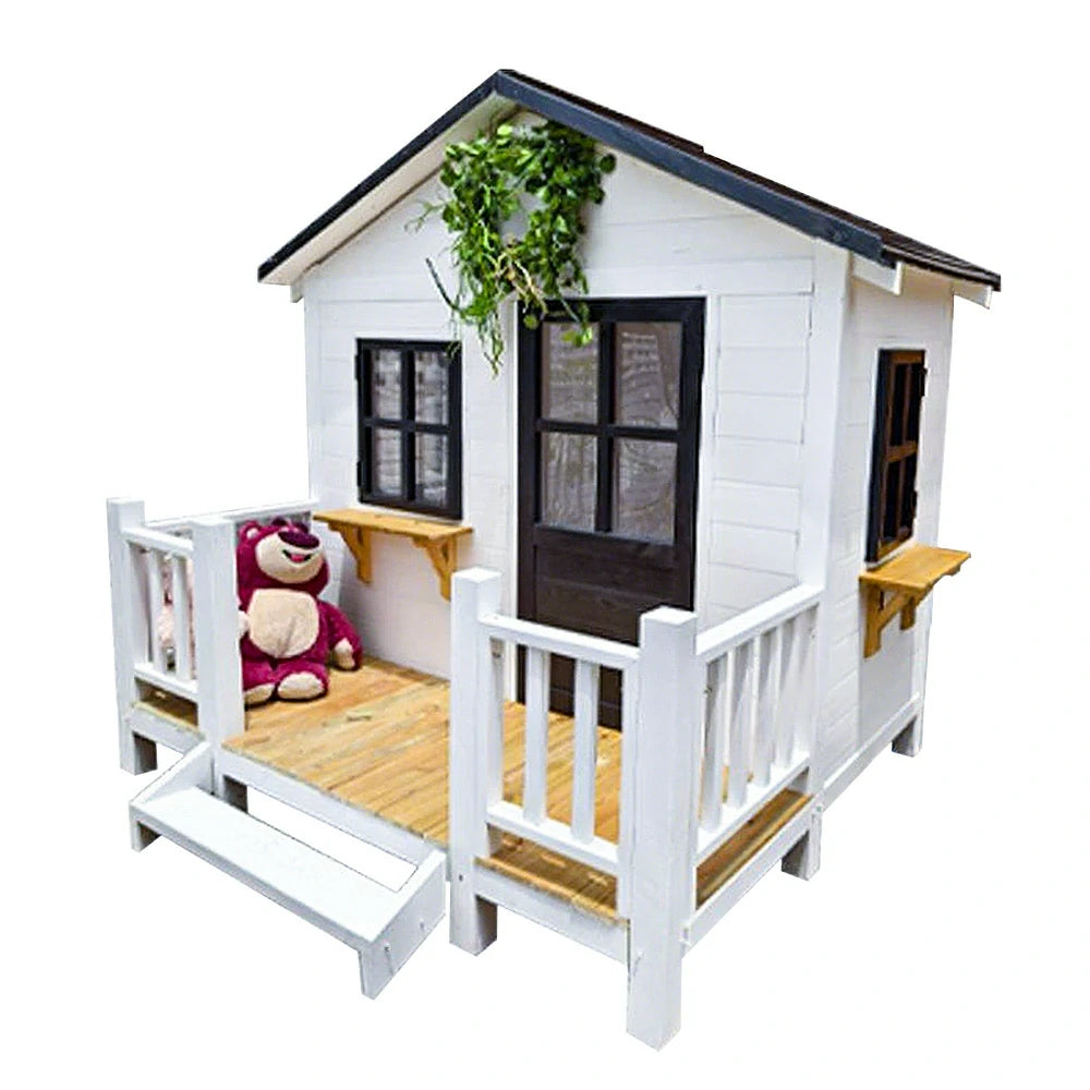 PAWORA Luxury Wooden Dog Villa Pet House for Medium & Large Dogs - Durable Pine Structure, Spacious Outdoor Design - White