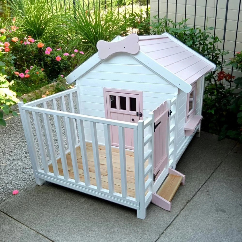 PAWORA Outdoor Wooden Cat House 150×160×140cm – Durable Pine Structure, Ventilated Windows & Doors, Eco-Friendly Paint, Spacious Design - Pink