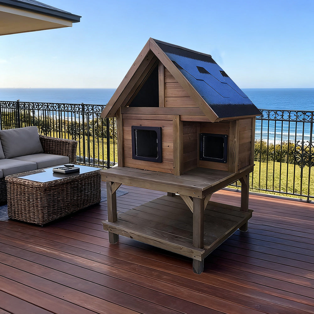 PAWORA Outdoor Cat House 130/160cm - Fir Wood, Scratch-Resistant, Moisture-Proof, Ventilated with Waterproof Roof, All-Weather Shelter - Wood