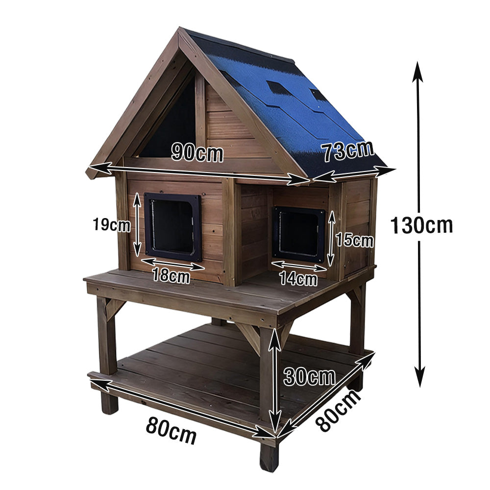 PAWORA Outdoor Cat House 130/160cm - Fir Wood, Scratch-Resistant, Moisture-Proof, Ventilated with Waterproof Roof, All-Weather Shelter - Wood