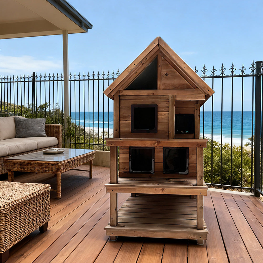 PAWORA Outdoor Cat House 130/160cm - Fir Wood, Scratch-Resistant, Moisture-Proof, Ventilated with Waterproof Roof, All-Weather Shelter - Wood