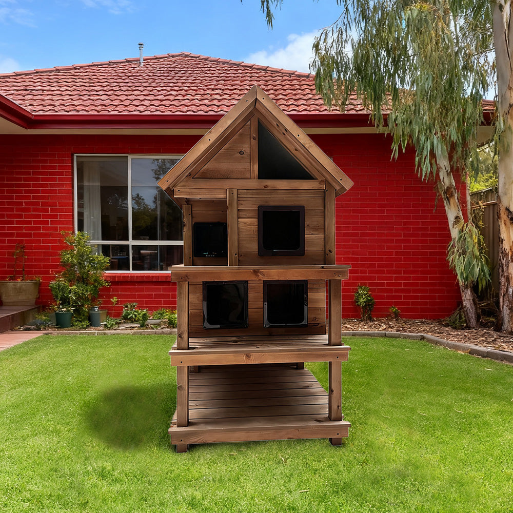 PAWORA Outdoor Cat House 130/160cm - Fir Wood, Scratch-Resistant, Moisture-Proof, Ventilated with Waterproof Roof, All-Weather Shelter - Wood