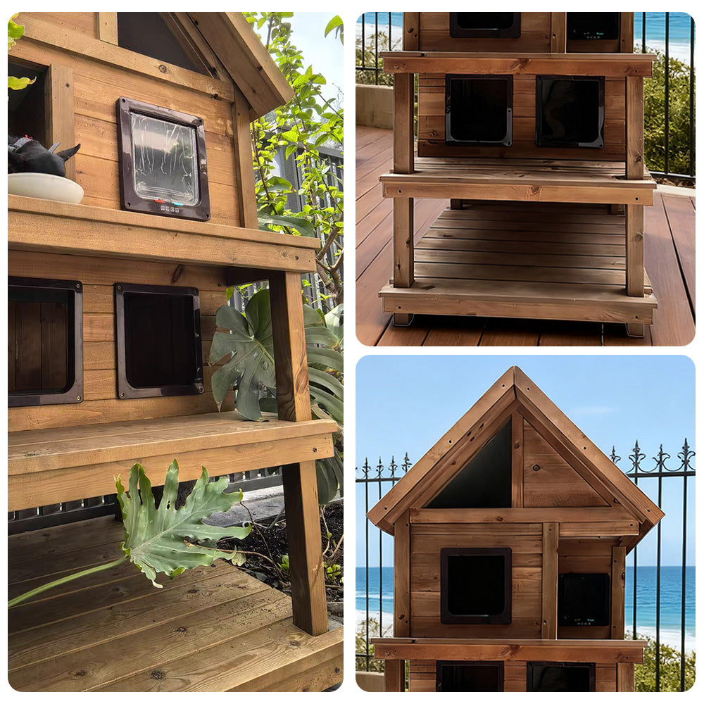 PAWORA Outdoor Cat House 130/160cm - Fir Wood, Scratch-Resistant, Moisture-Proof, Ventilated with Waterproof Roof, All-Weather Shelter - Wood