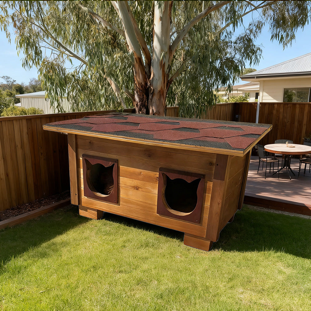 PAWORA Outdoor Cat House 100/134cm - Fir Wood, Scratch-Resistant, Moisture-Proof, Ventilated with Waterproof Roof, All-Weather Shelter - Wood