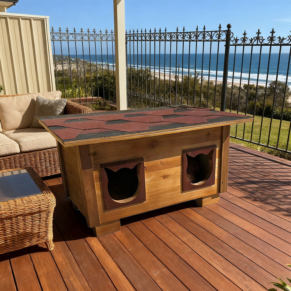 PAWORA Outdoor Cat House 100/134cm - Fir Wood, Scratch-Resistant, Moisture-Proof, Ventilated with Waterproof Roof, All-Weather Shelter - Wood