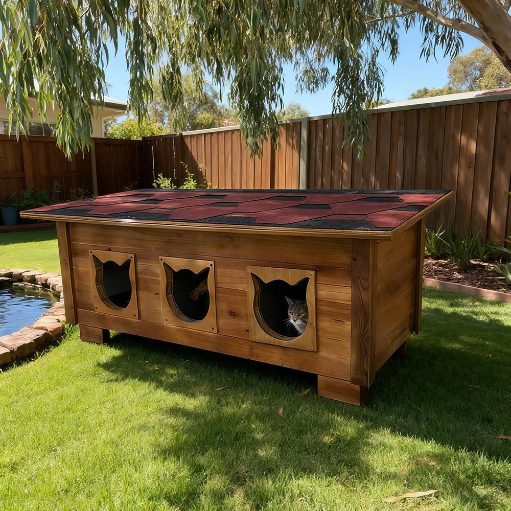 PAWORA Outdoor Cat House 100/134cm - Fir Wood, Scratch-Resistant, Moisture-Proof, Ventilated with Waterproof Roof, All-Weather Shelter - Wood