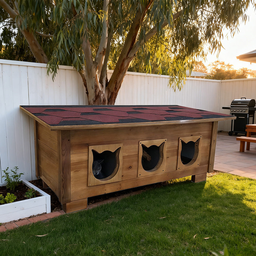 PAWORA Outdoor Cat House 100/134cm - Fir Wood, Scratch-Resistant, Moisture-Proof, Ventilated with Waterproof Roof, All-Weather Shelter - Wood