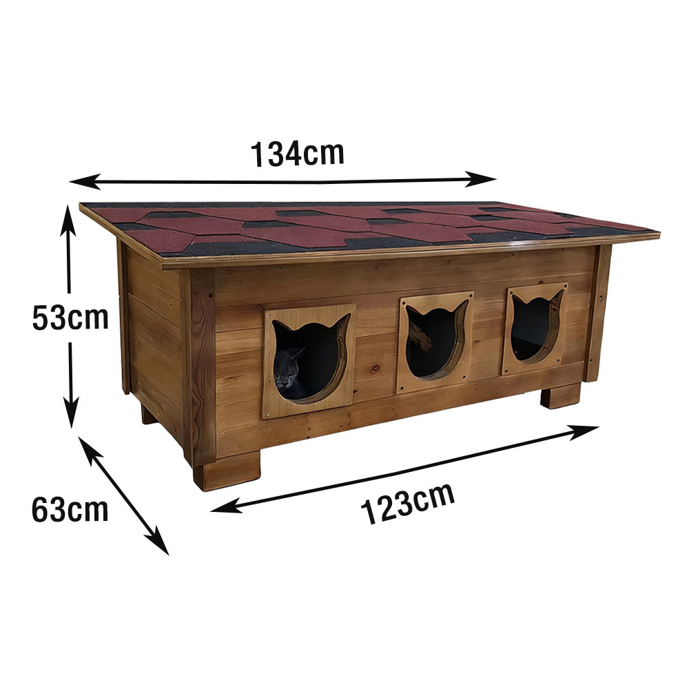 PAWORA Outdoor Cat House 100/134cm - Fir Wood, Scratch-Resistant, Moisture-Proof, Ventilated with Waterproof Roof, All-Weather Shelter - Wood