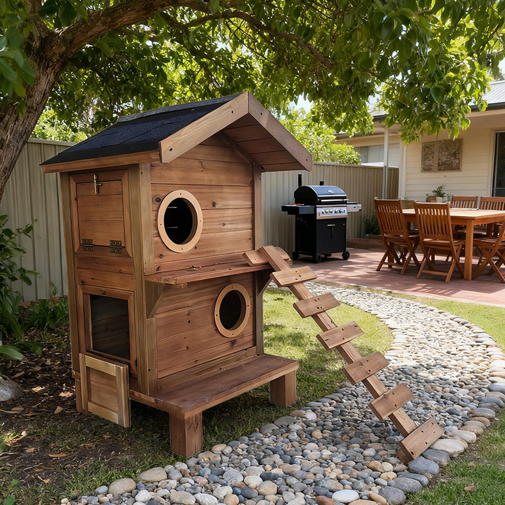 PAWORA Outdoor Cat House - Durable Fir Wood, Scratch-Resistant, Moisture-Proof, Ventilated Design with Waterproof Roof, All-Season Pet Shelter - Wood