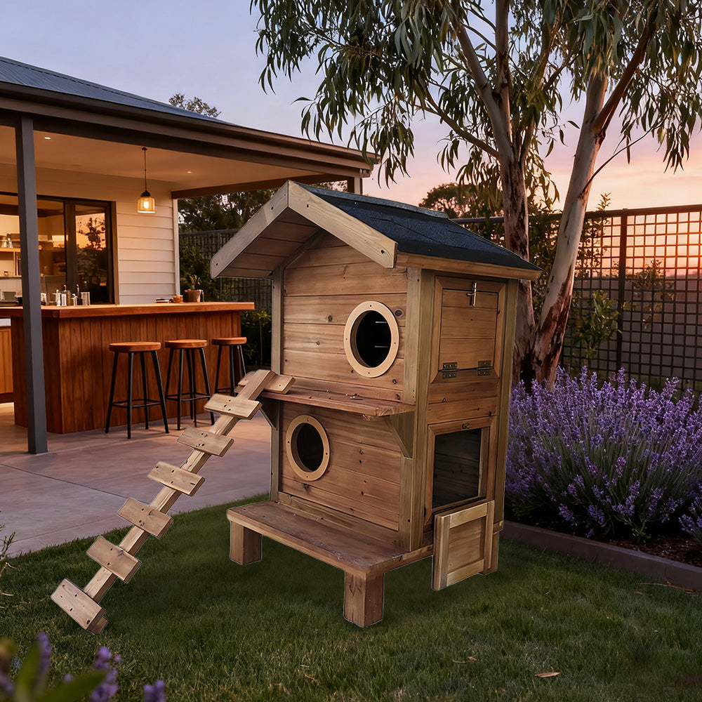 PAWORA Outdoor Cat House - Durable Fir Wood, Scratch-Resistant, Moisture-Proof, Ventilated Design with Waterproof Roof, All-Season Pet Shelter - Wood