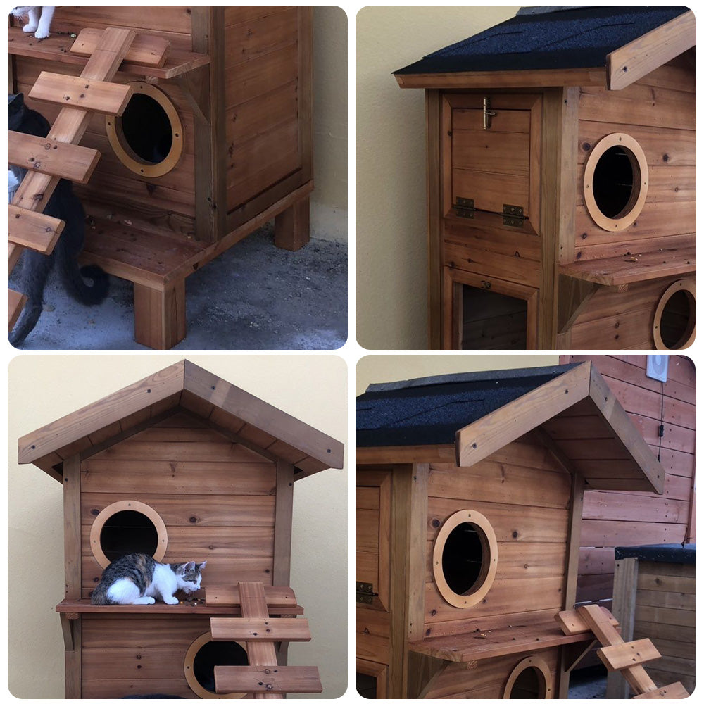 PAWORA Outdoor Cat House - Durable Fir Wood, Scratch-Resistant, Moisture-Proof, Ventilated Design with Waterproof Roof, All-Season Pet Shelter - Wood
