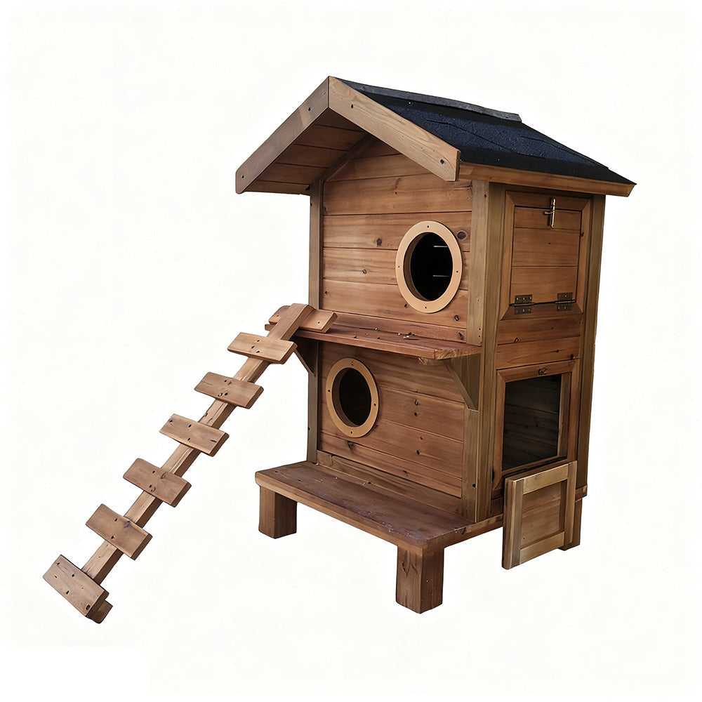 PAWORA Outdoor Cat House - Durable Fir Wood, Scratch-Resistant, Moisture-Proof, Ventilated Design with Waterproof Roof, All-Season Pet Shelter - Wood
