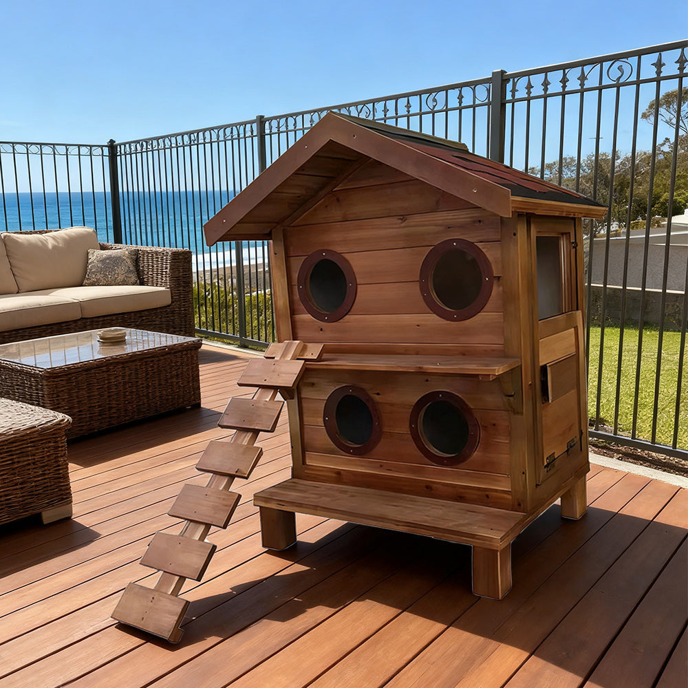 PAWORA Outdoor Cat House - Fir Wood Construction, Scratch-Resistant, Moisture-Proof, Ventilated with Waterproof Roof, All-Season Durable Pet Shelter - Wood