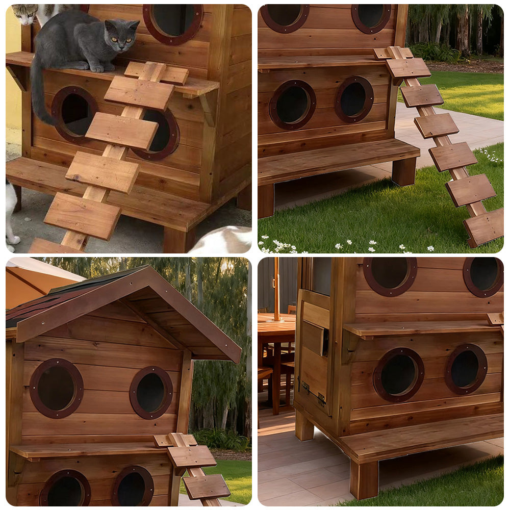 PAWORA Outdoor Cat House - Fir Wood Construction, Scratch-Resistant, Moisture-Proof, Ventilated with Waterproof Roof, All-Season Durable Pet Shelter - Wood
