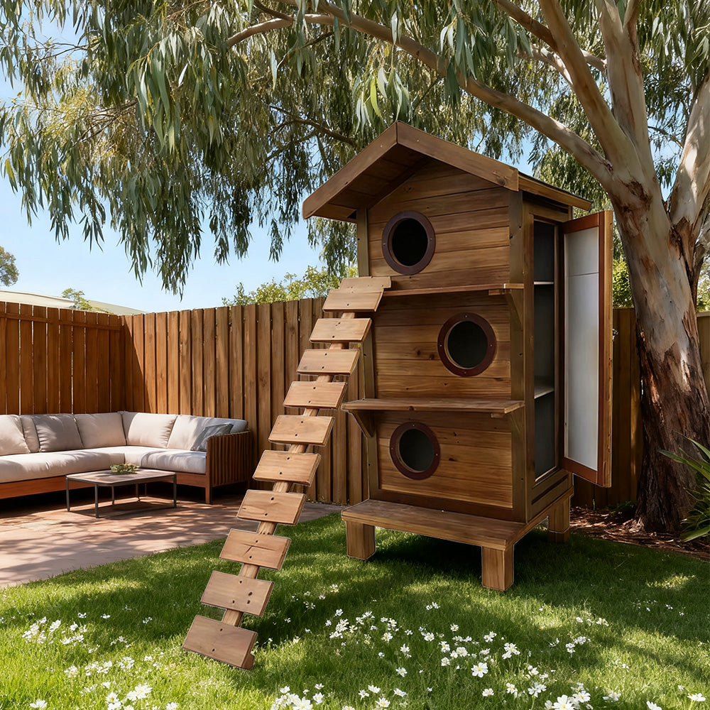 PAWORA Outdoor Cat House - Durable Fir Wood, Weatherproof Roof, Scratch-Resistant, Moisture-Proof, Ventilated Design, All-Season Safe Shelter for Pets