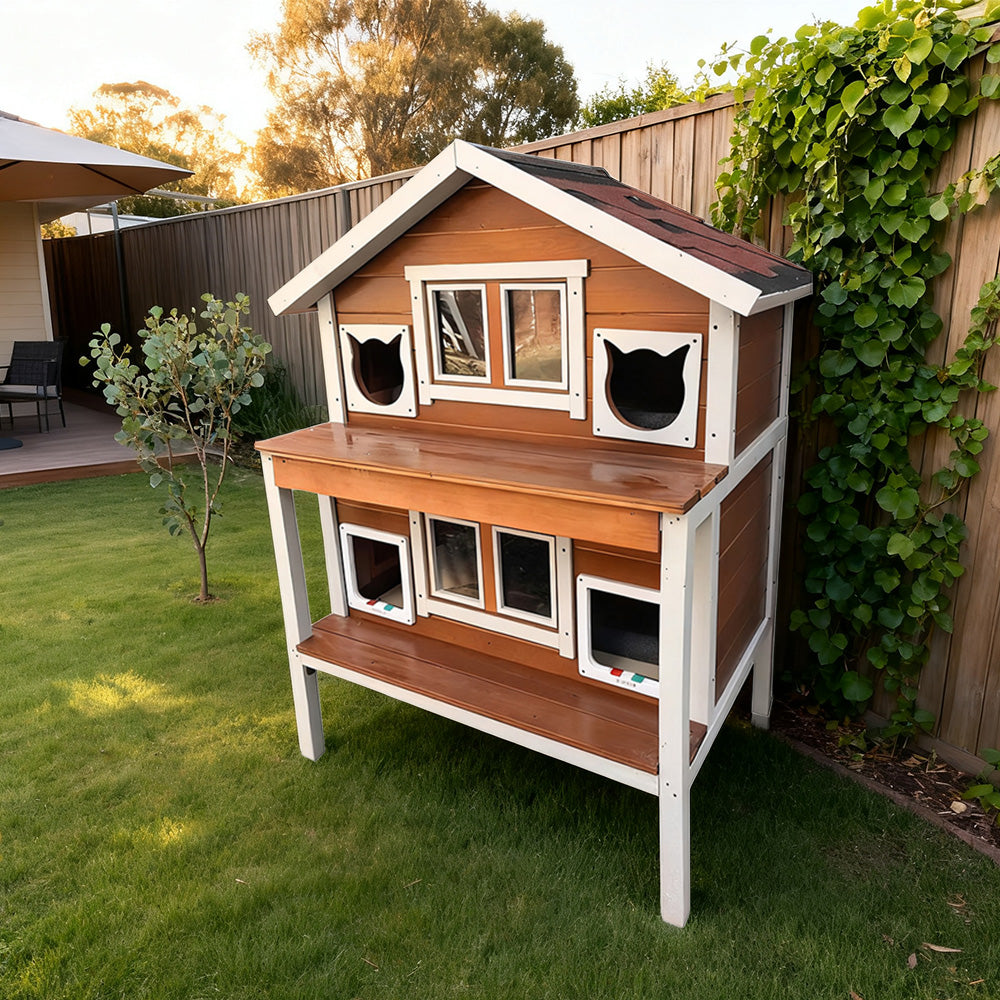 PAWORA Outdoor Cat House – Weatherproof Wooden Shelter for All Seasons, Sturdy Fir Frame, Waterproof Roof, Scratch Resistant Finish - Wood