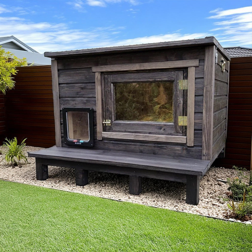 PAWORA Outdoor Cat House - Solid Fir Wood, Waterproof Roof, Scratch and Moisture Resistant, Ventilated Structure, All-Weather Comfortable Shelter for Pets - Brown