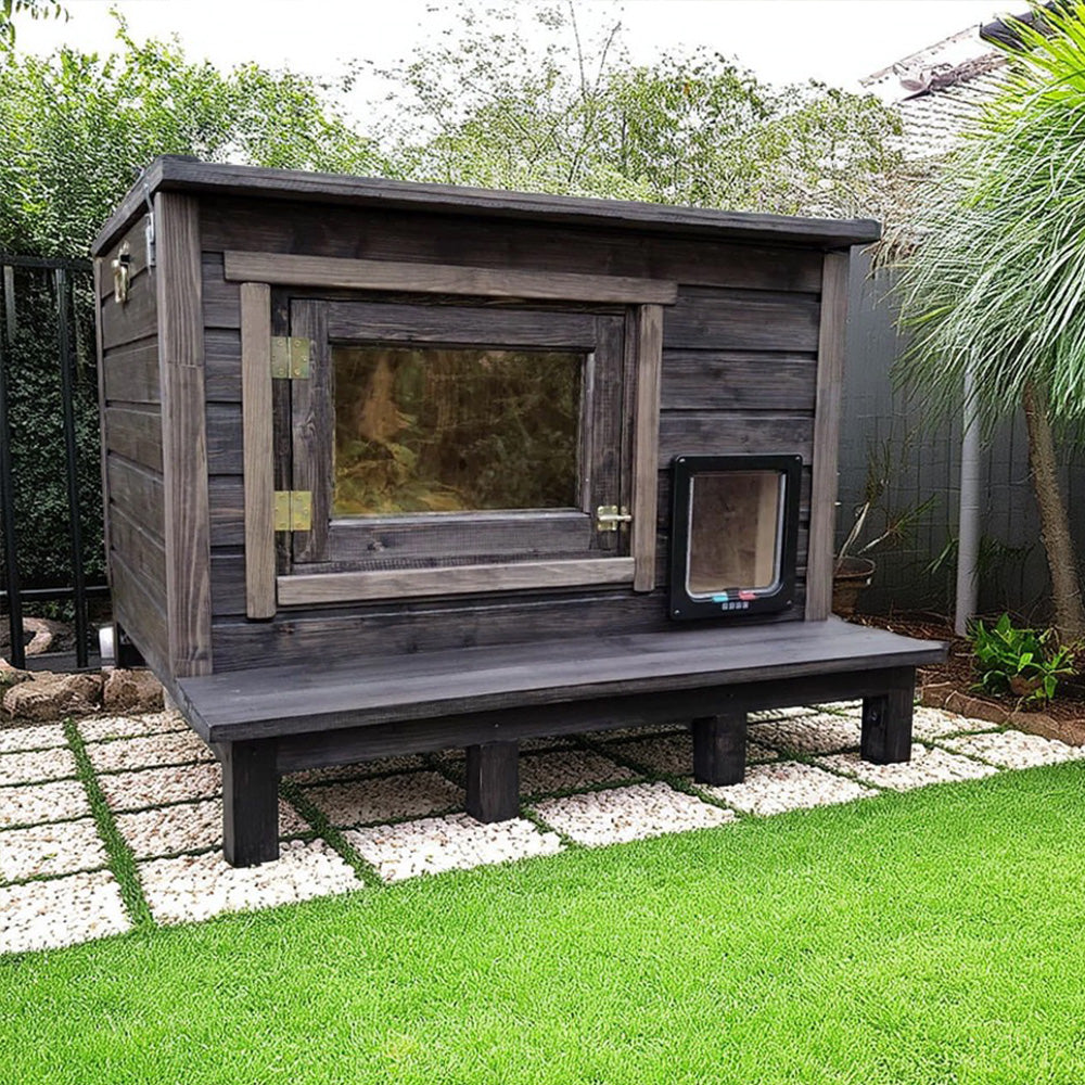 PAWORA Outdoor Cat House - Solid Fir Wood, Waterproof Roof, Scratch and Moisture Resistant, Ventilated Structure, All-Weather Comfortable Shelter for Pets - Brown